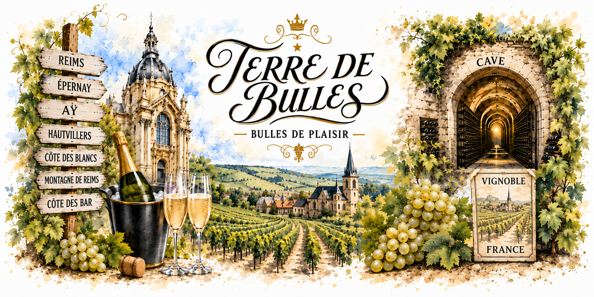 Affiche TERRE DE BULLES : un panneau directionnel en bois vers Reims, Epernay, Ay, Hautvillers, la Cote des Blancs, la Montagne de Reims et la Cote des Bar, une bouteille sans etiquette dans son seau a glace et deux flutes, un village vigneron et ses coteaux de vignes, des grappes de raisin blanc et une cave voutee de bouteilles