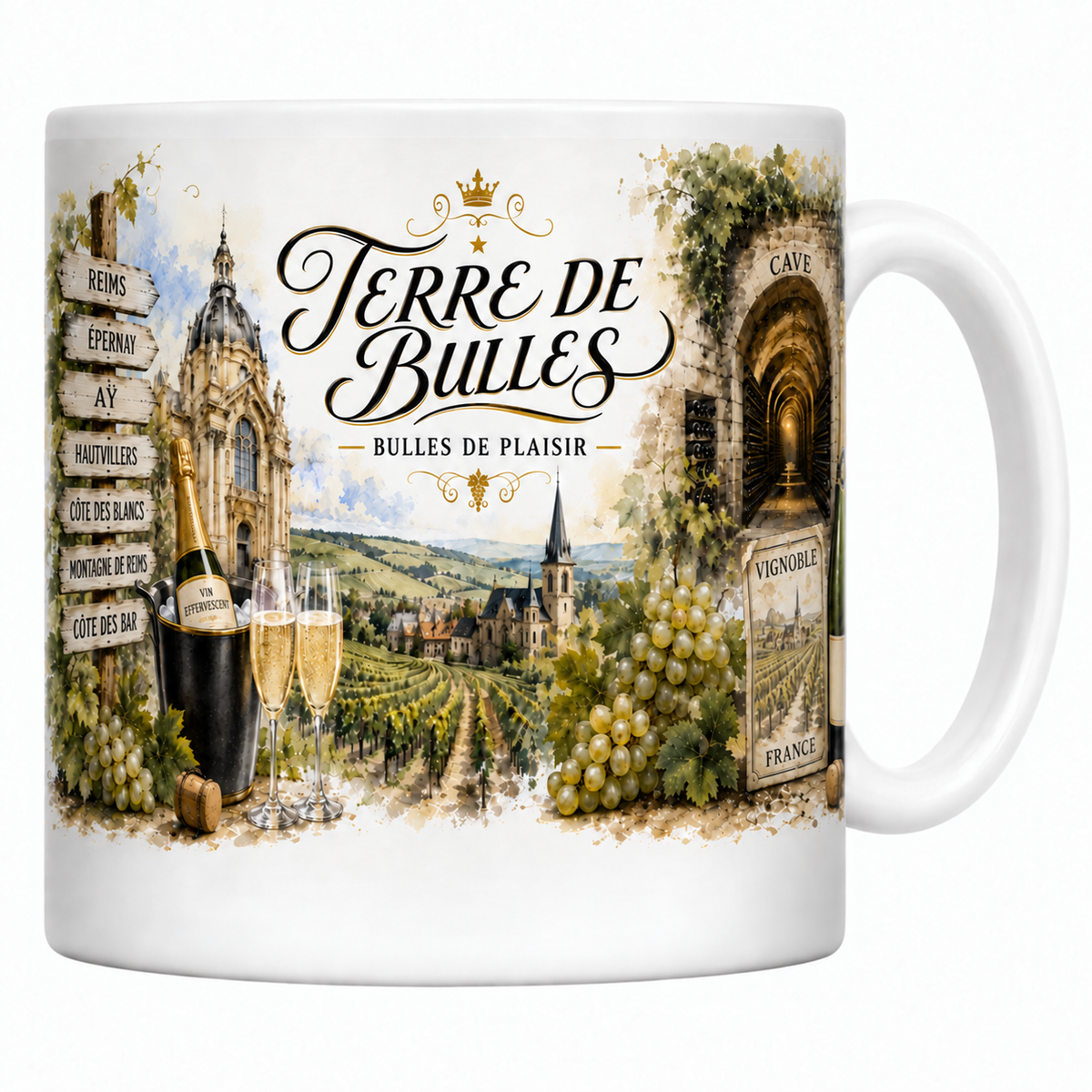 Mug blanc en ceramique 330 ml illustre sur le theme du vignoble champenois