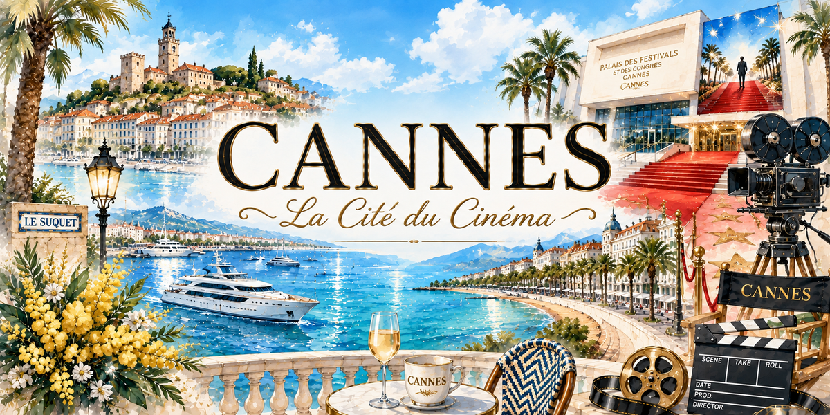Affiche aquarellée de Cannes : le titre « Cannes — La Cité du Cinéma », la colline du Suquet et son clocher, des yachts dans le port, la Croisette bordée de palmiers, le tapis rouge du Palais des Festivals, une caméra ancienne, un clap et un bouquet de mimosa