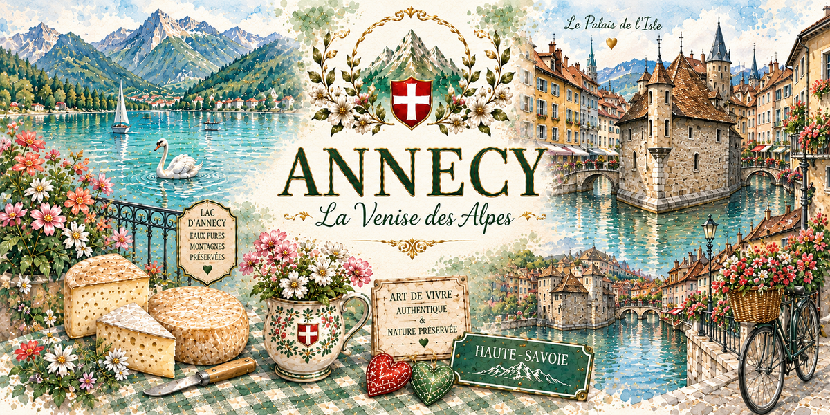 Aquarelle d'Annecy : le titre ANNECY et le sous-titre « La Venise des Alpes » sous une couronne de feuillage et la croix de Savoie, le lac et ses voiliers avec un cygne à gauche, le palais de l'Isle sur son canal et les maisons à arcades à droite, des fromages de montagne sans étiquette, un bouquet, un vélo fleuri et un panonceau HAUTE-SAVOIE