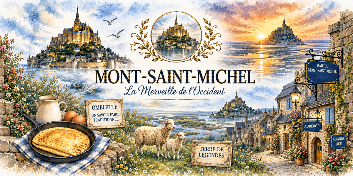Aquarelle du Mont-Saint-Michel : le nom en capitales et le sous-titre La Merveille de l'Occident, l'abbaye sur son rocher vue de trois facons dont une au soleil couchant, la baie et ses moutons de pres-sale, une omelette dans sa poele avec la mention un savoir-faire traditionnel, une ruelle du village et ses enseignes AUBERGE et GRANDE RUE