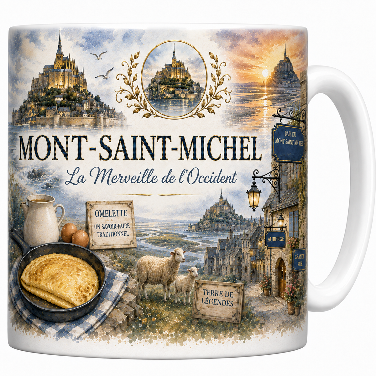 Mug blanc en ceramique 330 ml illustre d'une aquarelle du Mont-Saint-Michel