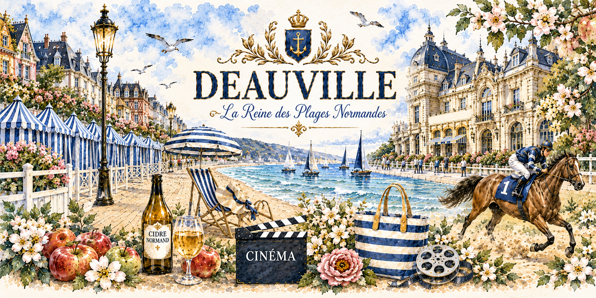 Aquarelle de Deauville : le nom en capitales bleues et le sous-titre La Reine des Plages Normandes, les planches et les parasols rayes bleu et blanc, la plage et les voiliers, une grande facade balneaire a droite, un cheval de course au galop, une bouteille de cidre normand, des pommes, un clap de cinema et un sac de plage raye