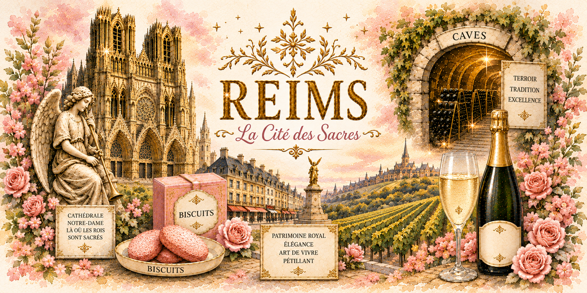 Aquarelle de Reims : le nom en capitales dorees et le sous-titre La Cite des Sacres, la facade de la cathedrale gothique et une statue d'ange souriant, une boite de biscuits roses sans marque, un monument sur sa place, les coteaux de vignes, une cave voutee de bouteilles, une bouteille sans etiquette et une flute, et des roses en encadrement