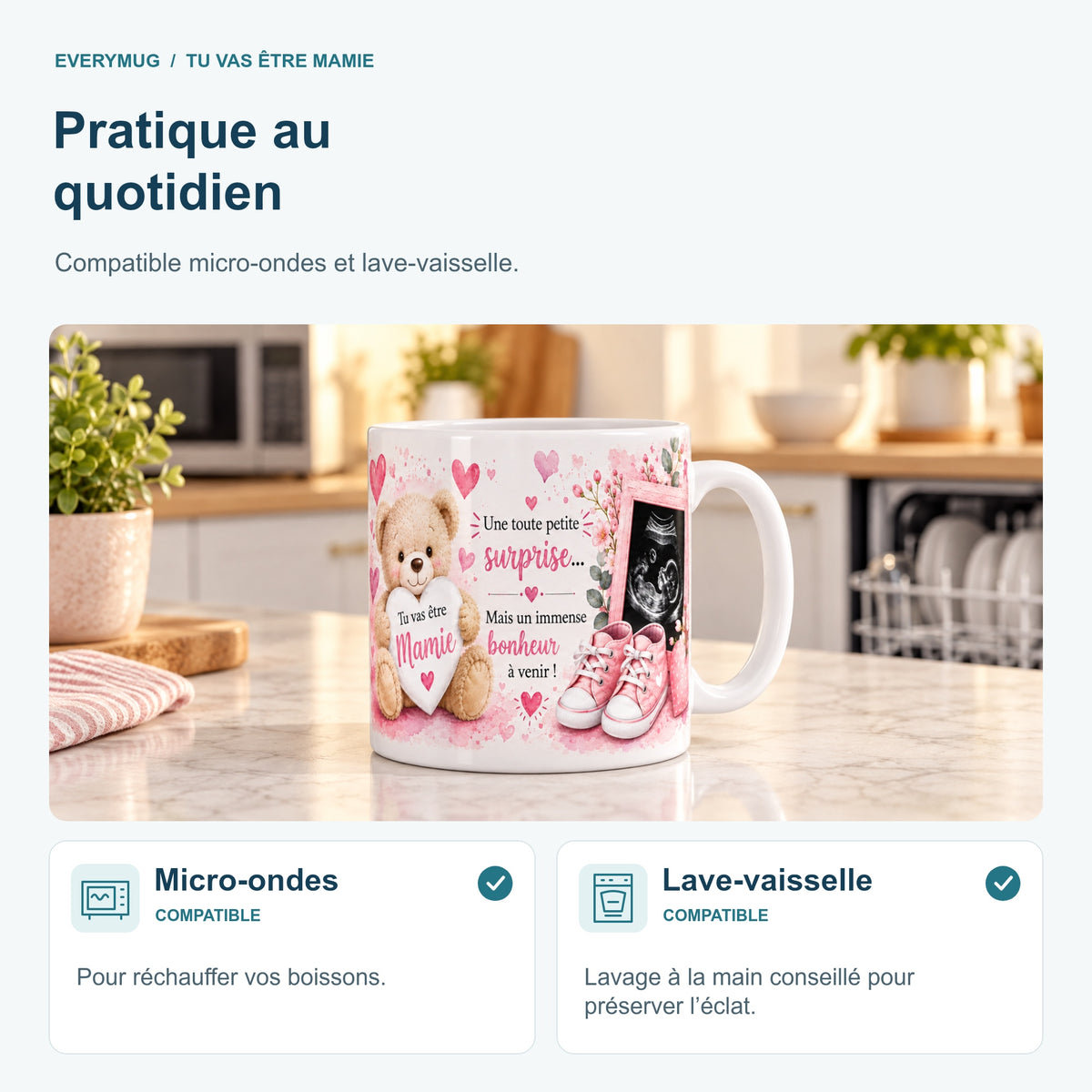 Mug Tu vas être Mamie compatible micro-ondes et lave-vaisselle, dans une cuisine