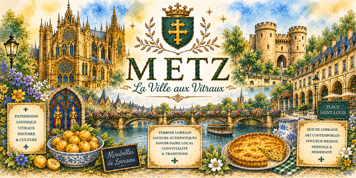 Design imprimé du mug Metz : cathédrale et ses verrières, porte des Allemands, quais de la Moselle, mirabelles et quiche lorraine