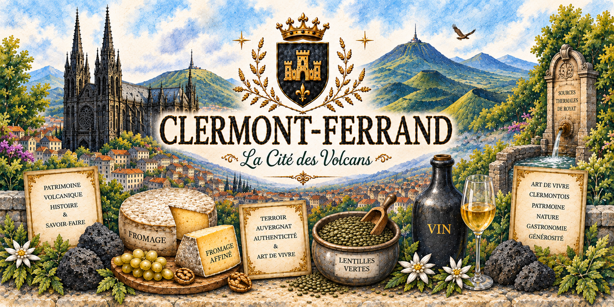 Aquarelle de Clermont-Ferrand : le nom en capitales et le sous-titre La Cite des Volcans sous un blason a la tour, la cathedrale de pierre noire a gauche, la chaine des volcans d'Auvergne au fond, une fontaine thermale a droite, des fromages, des lentilles vertes, une bouteille sans etiquette et un verre de vin au premier plan
