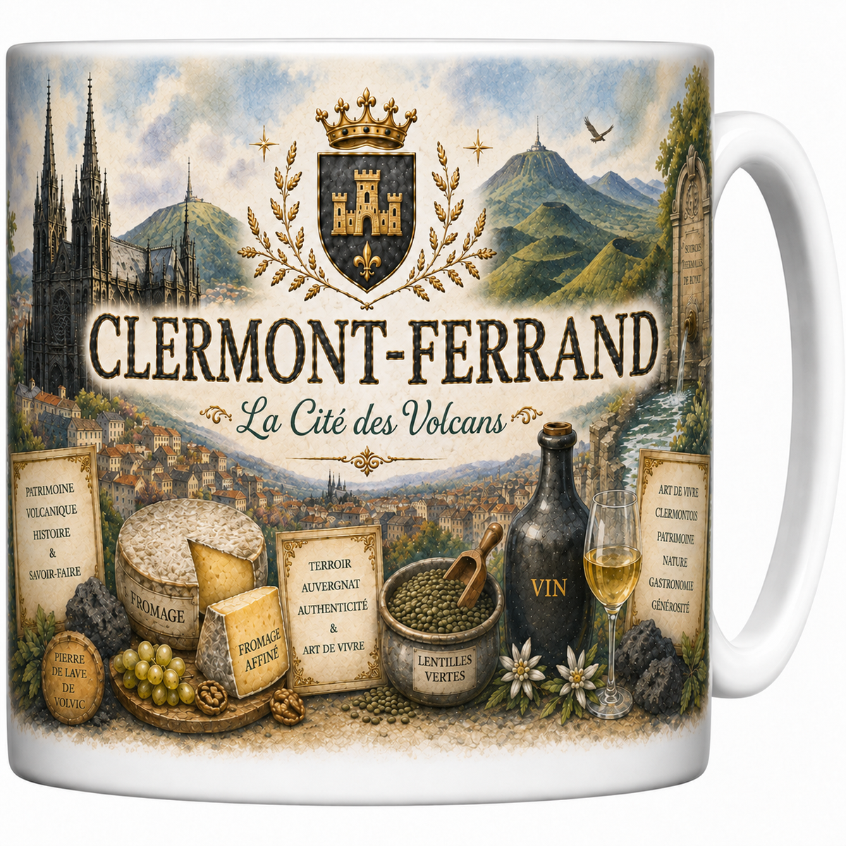 Mug blanc en ceramique 330 ml illustre d'une aquarelle de Clermont-Ferrand