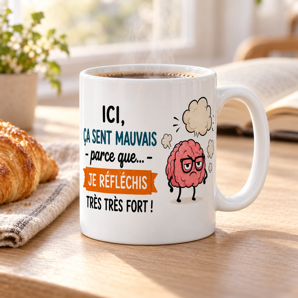 Mug Humour Cerveau « Ça Sent Mauvais Parce Que Je Réfléchis » posé sur une table en bois avec un croissant, pause café