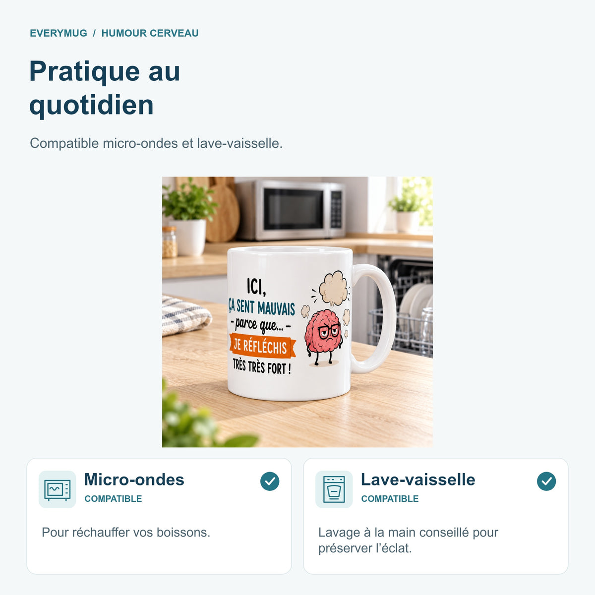 Mug Humour Cerveau compatible micro-ondes et lave-vaisselle, dans une cuisine