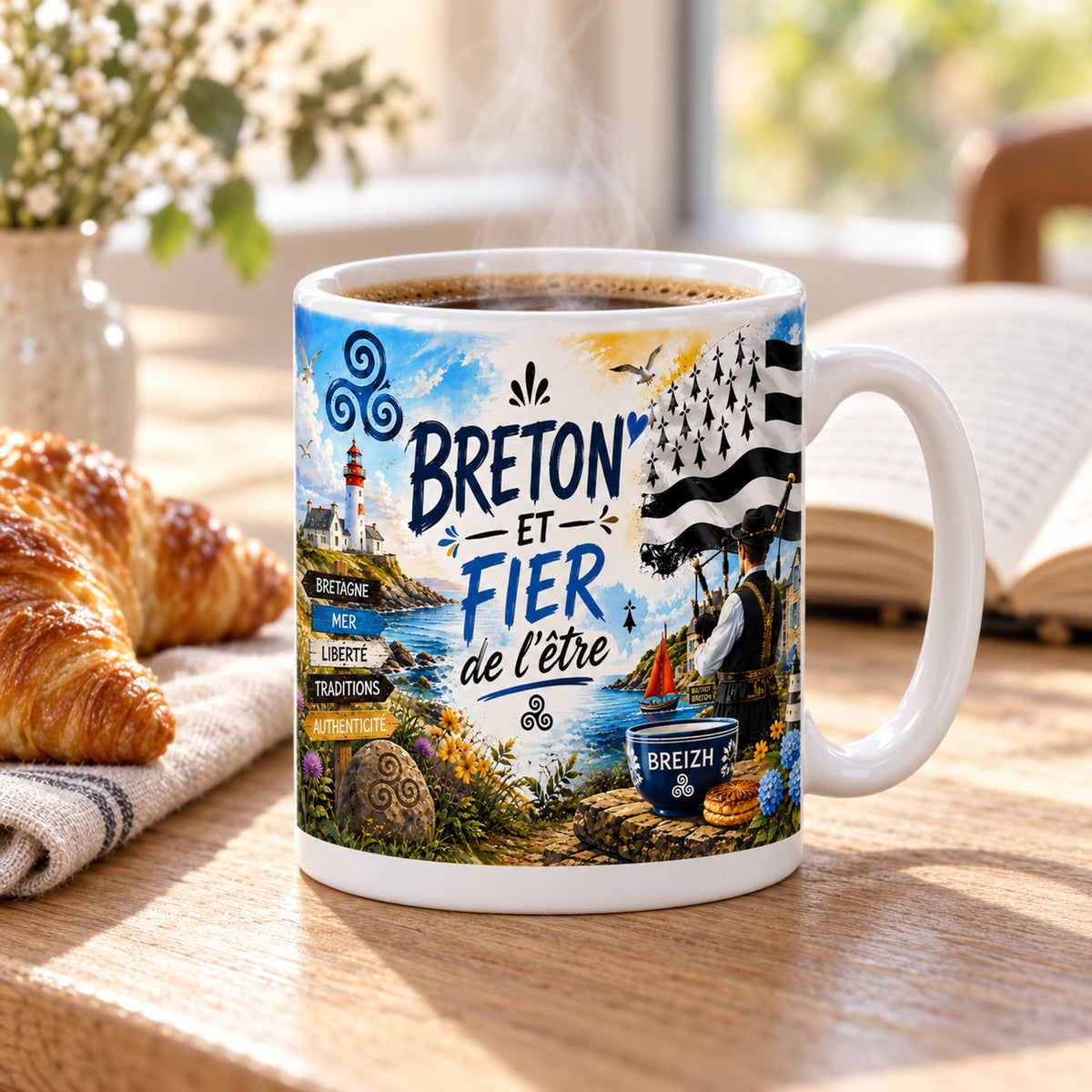 Mug Breton et Fier de l'Être « Bretagne, Mer & Liberté » posé sur une table en bois avec un croissant, pause café