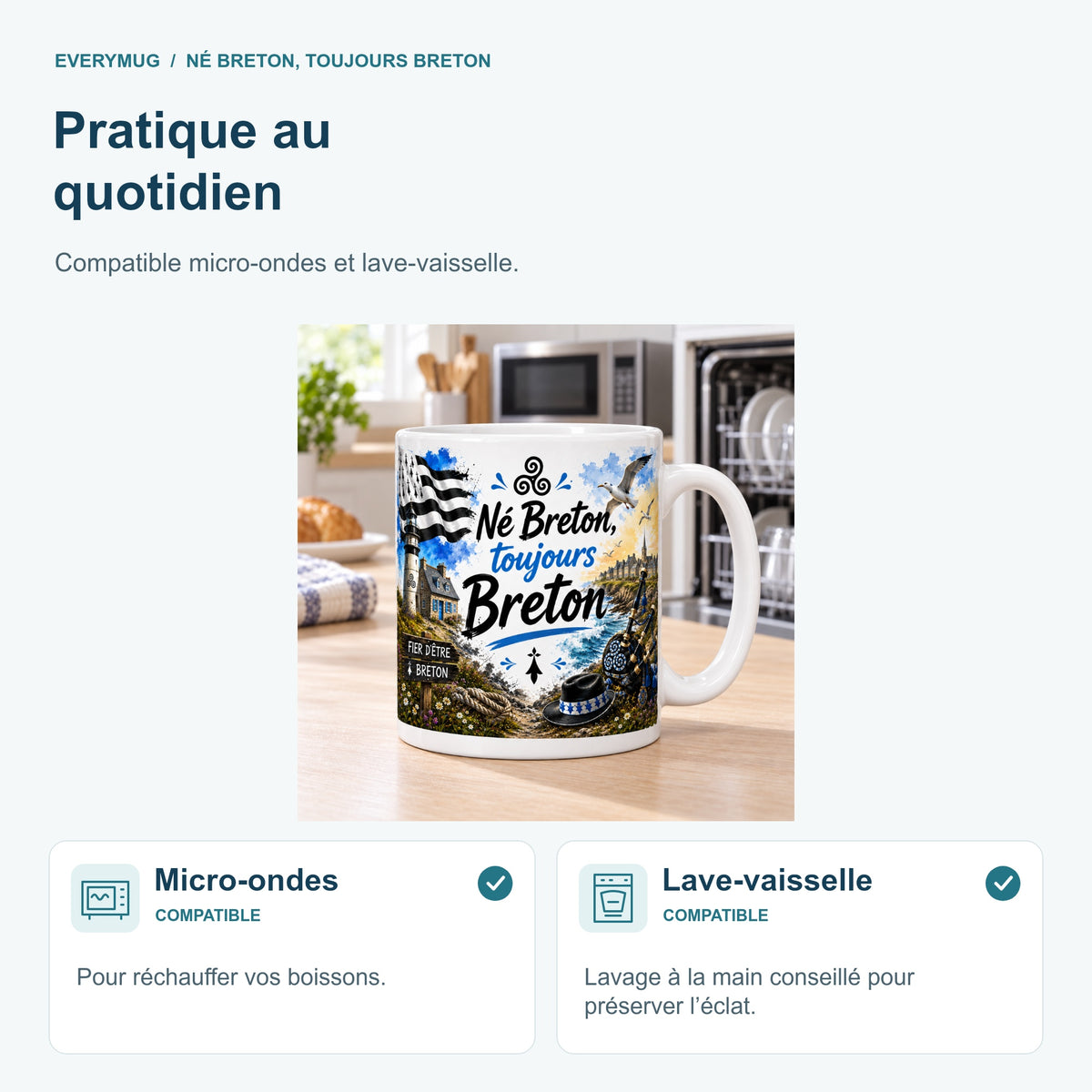 Mug Né Breton, Toujours Breton compatible micro-ondes et lave-vaisselle, dans une cuisine