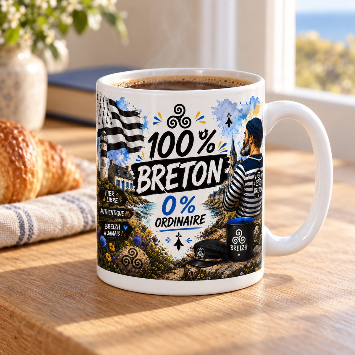 Mug 100% Breton, 0% Ordinaire « Fierté Bretonne » posé sur une table en bois avec un croissant, pause café