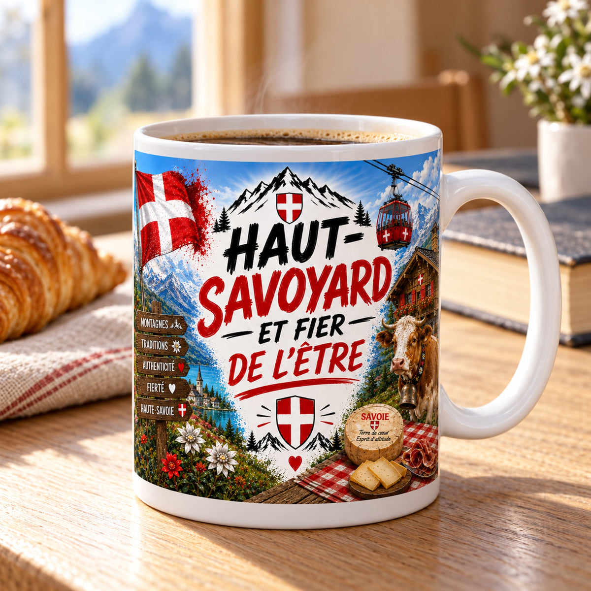 Mug Haut-Savoyard et Fier de l'Être posé sur une table en bois avec un croissant, pause café
