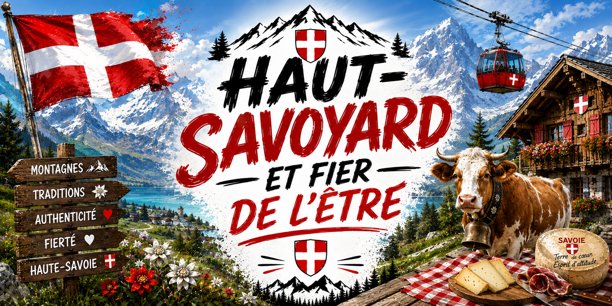Visuel Haut-Savoyard et fier de l'être : lac, chalet, vache, tomme Savoie Terre de cœur et télécabine