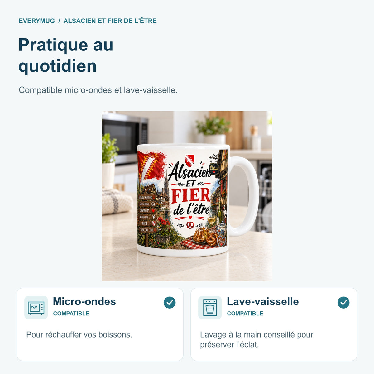Mug Alsacien et Fier de l'Être compatible micro-ondes et lave-vaisselle, dans une cuisine