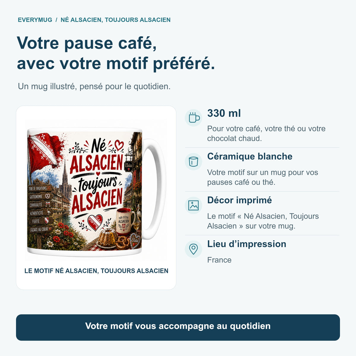 Caractéristiques du mug Né Alsacien, Toujours Alsacien : céramique blanche 330 ml, décor imprimé, impression en France