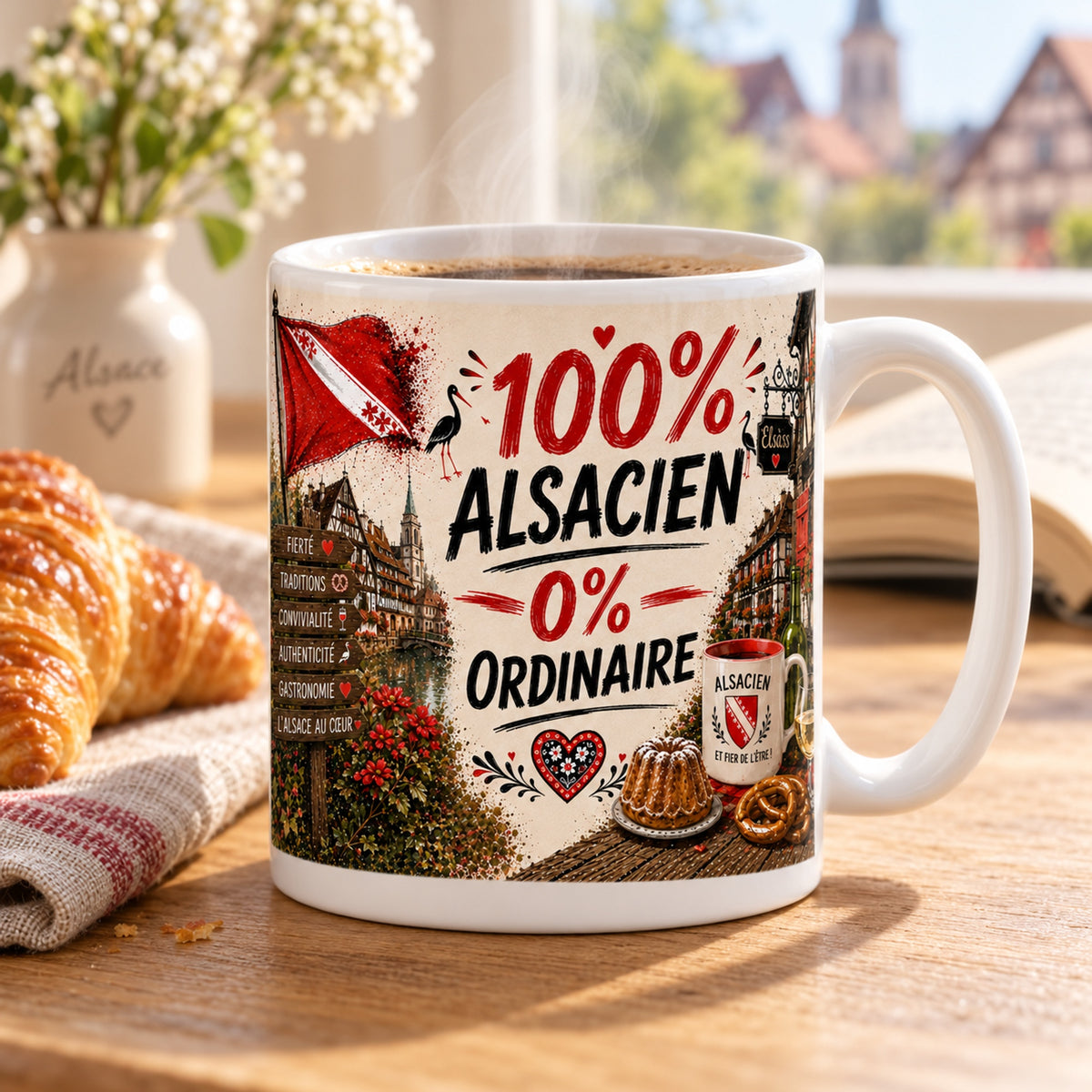 Mug 100% Alsacien, 0% Ordinaire « Fierté d'Alsace » posé sur une table en bois avec un croissant, pause café