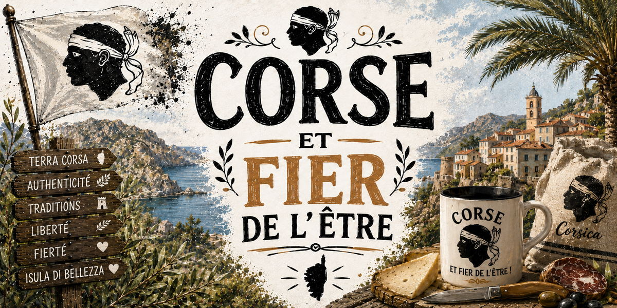 Affiche corse : le drapeau à tête de Maure à gauche, un poteau de panneaux de bois (Terra Corsa, Authenticité, Traditions, Liberté, Fierté, Isula di Bellezza), le slogan CORSE ET FIER DE L'ÊTRE en noir et ocre avec la silhouette de l'île, un village perché au-dessus de la mer, un palmier, un fromage, un couteau, de la charcuterie et un mug blanc