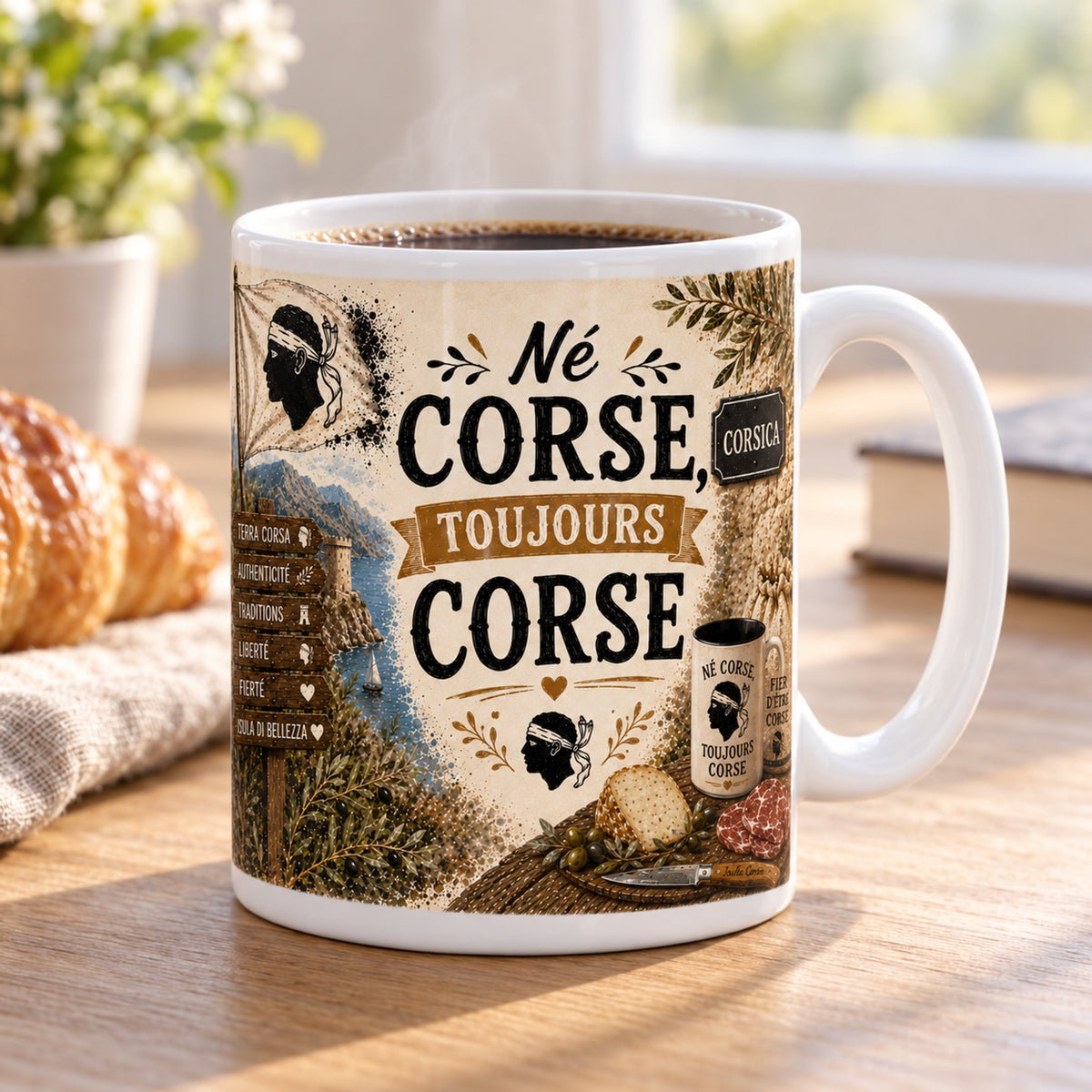 Mug Né Corse, Toujours Corse « Fier d'Être Corse » posé sur une table en bois avec un croissant, pause café