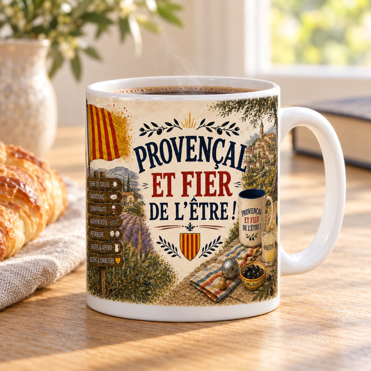 Mug Provençal et Fier de l'Être « Terre de Soleil » posé sur une table en bois avec un croissant, pause café