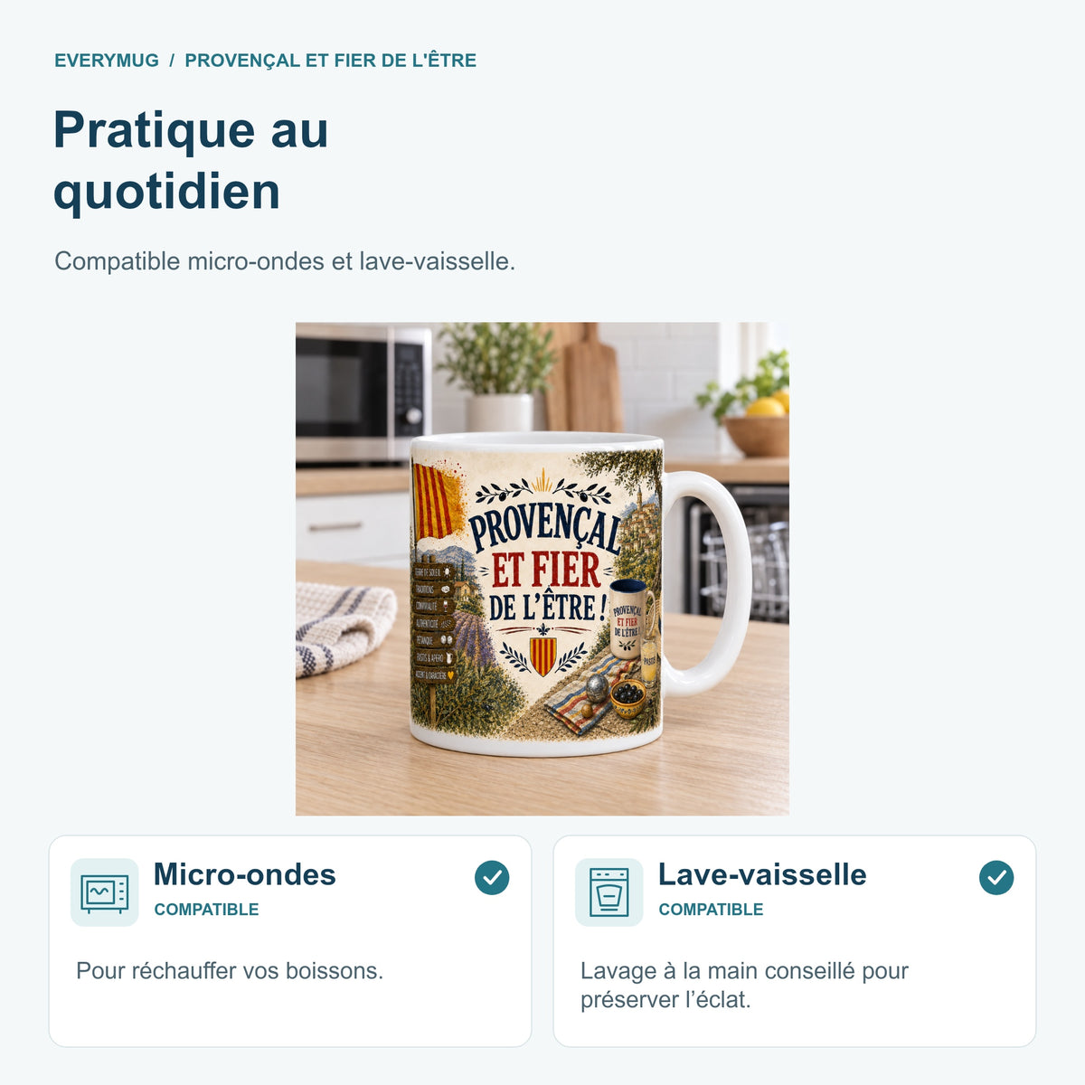 Mug Provençal et Fier de l'Être compatible micro-ondes et lave-vaisselle, dans une cuisine