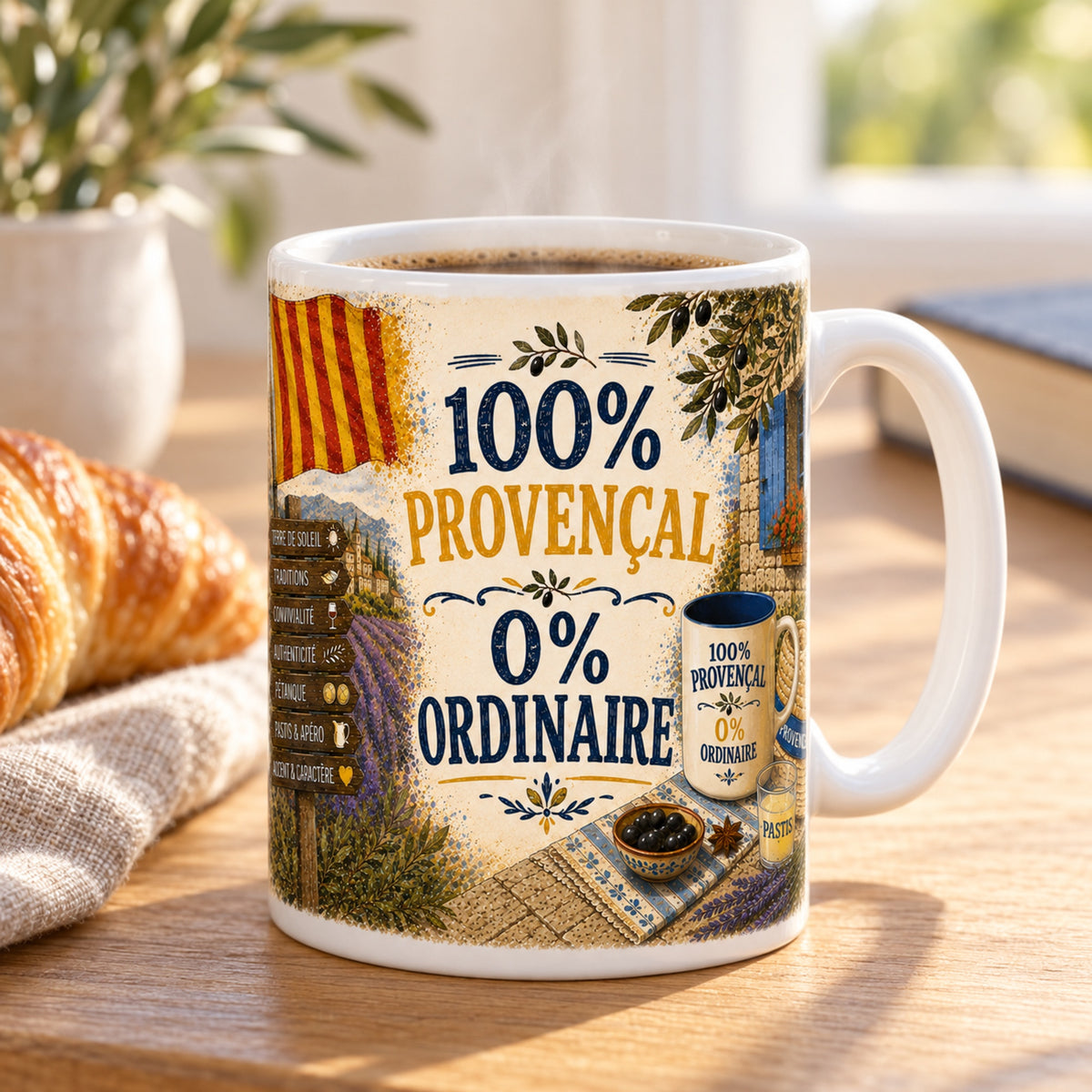 Mug 100% Provençal, 0% Ordinaire « Accent & Caractère » posé sur une table en bois avec un croissant, pause café