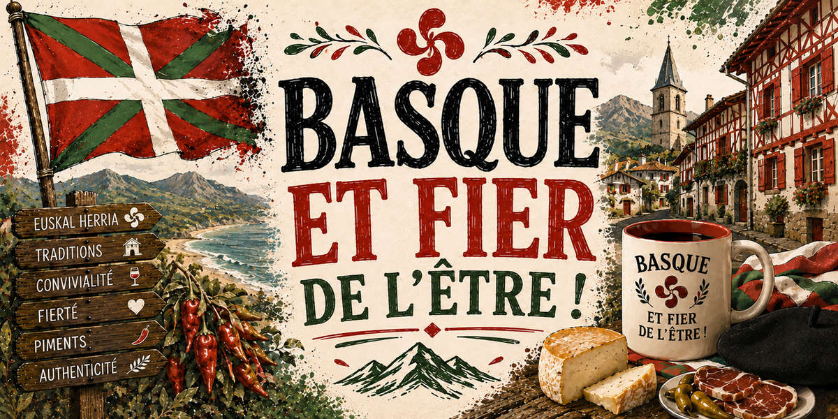 Affiche Pays basque : le drapeau basque à gauche, un poteau de panneaux de bois (Euskal Herria, Traditions, Convivialité, Fierté, Piments, Authenticité), une guirlande de piments rouges, le slogan BASQUE ET FIER DE L'ÊTRE ! en lettres noires, rouges et vertes, des maisons à colombages, un fromage de brebis, une assiette de charcuterie et un mug blanc