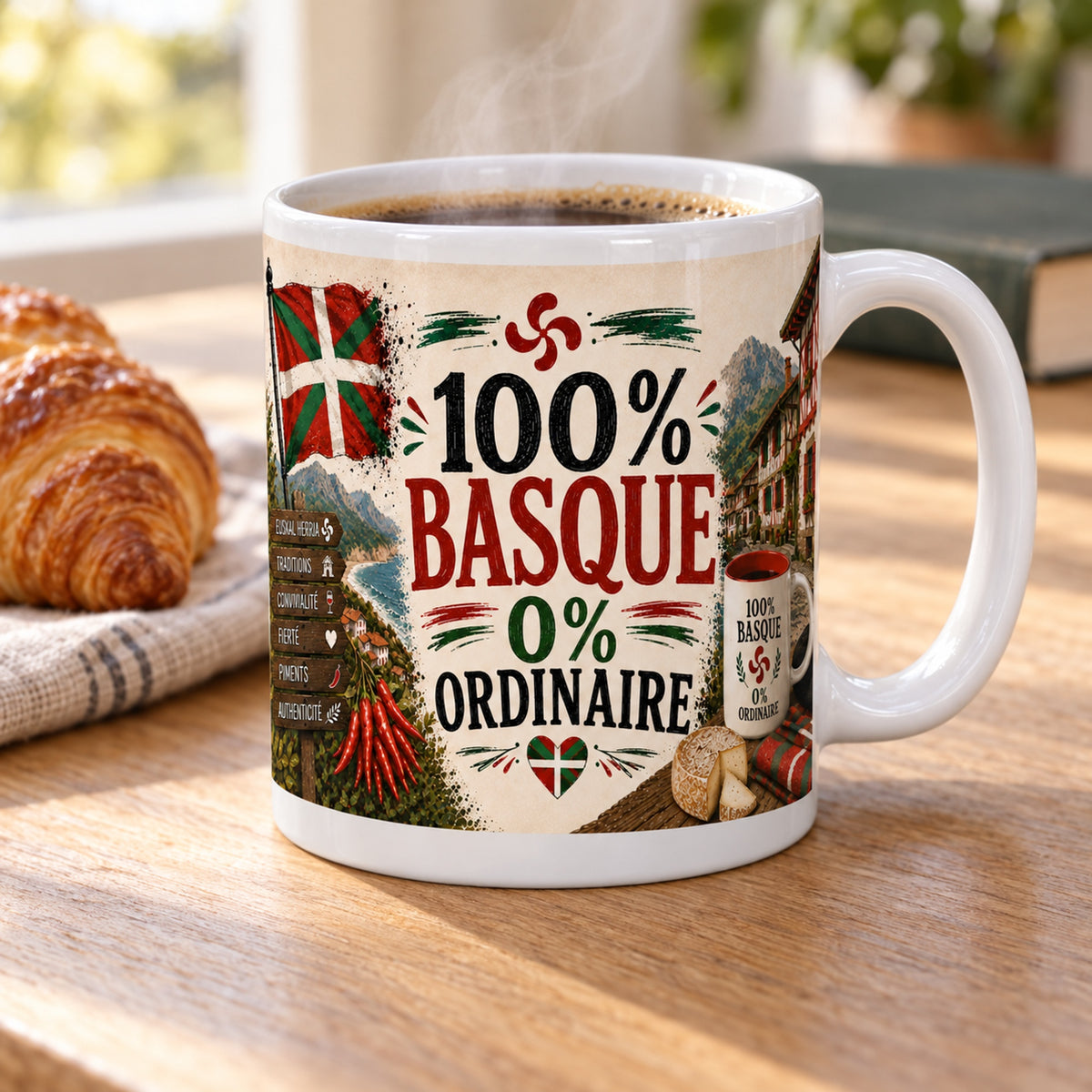 Mug 100% Basque, 0% Ordinaire « Fierté Basque » posé sur une table en bois avec un croissant, pause café