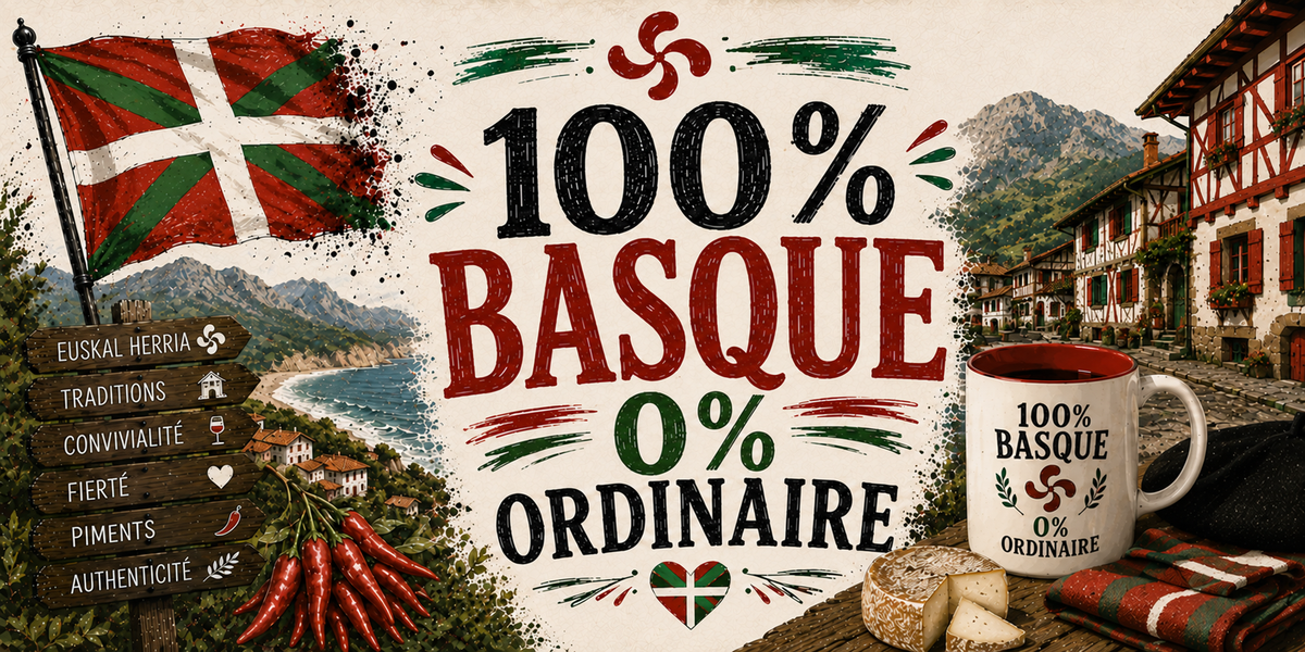 Affiche Pays basque : le drapeau basque au vent à gauche, un poteau de panneaux de bois (Euskal Herria, Traditions, Convivialité, Fierté, Piments, Authenticité), une guirlande de piments rouges, le slogan 100 % BASQUE 0 % ORDINAIRE en lettres noires, rouges et vertes, une maison à colombages rouges, un fromage de brebis et un mug blanc à intérieur rouge