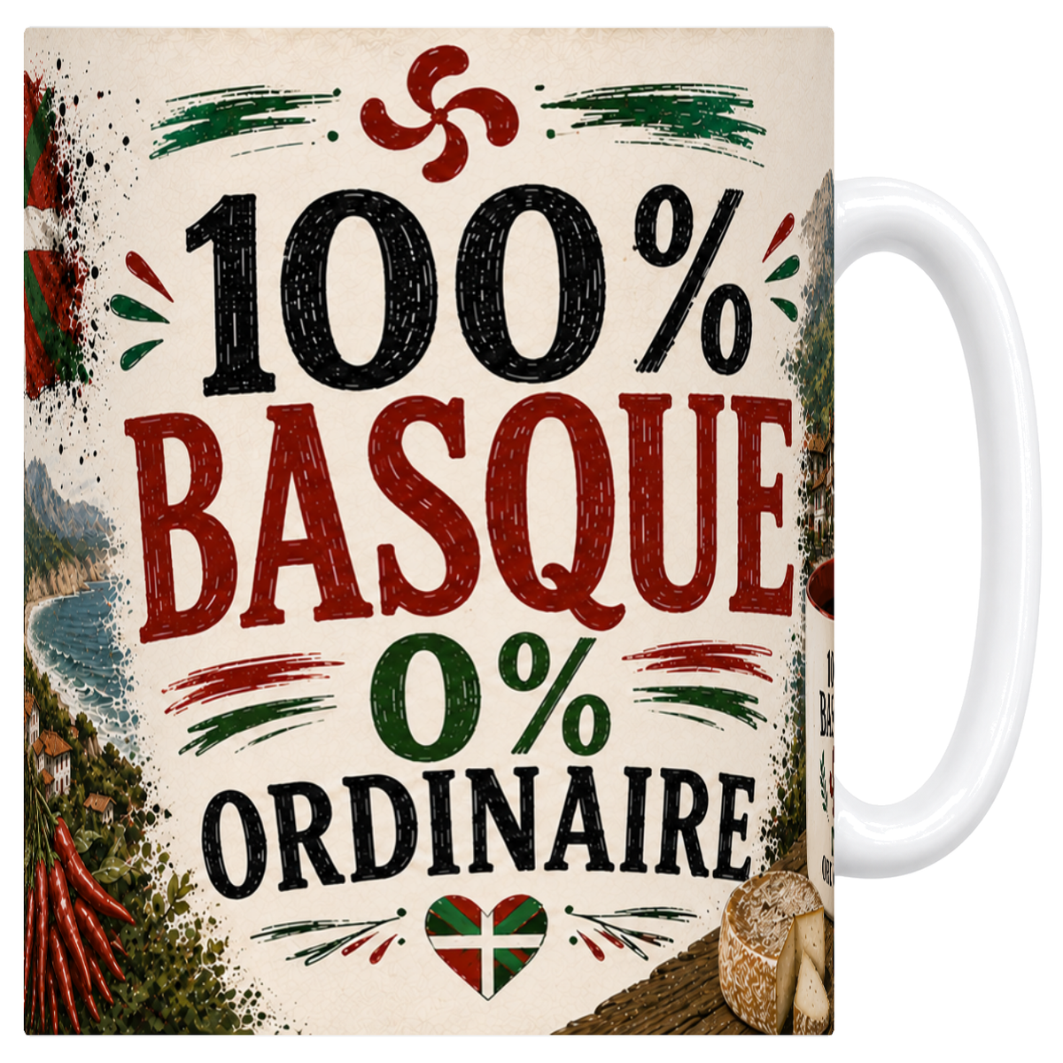 Mug blanc en céramique 330 ml à intérieur rouge, affiche « 100 % Basque, 0 % ordinaire »