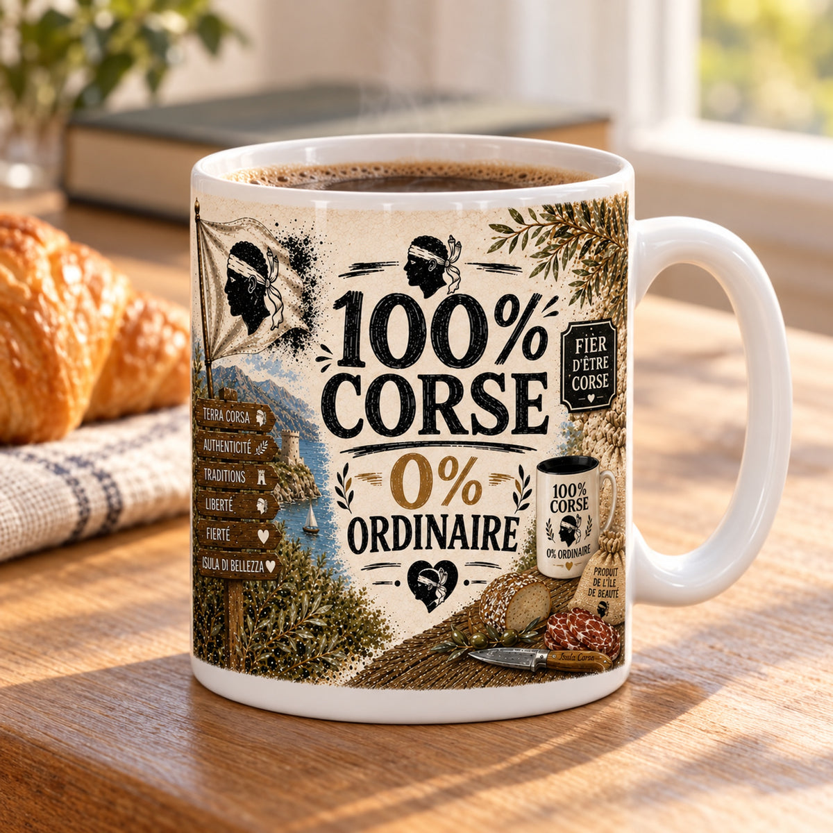Mug 100% Corse, 0% Ordinaire « Produit de l'Île de Beauté » posé sur une table en bois avec un croissant, pause café