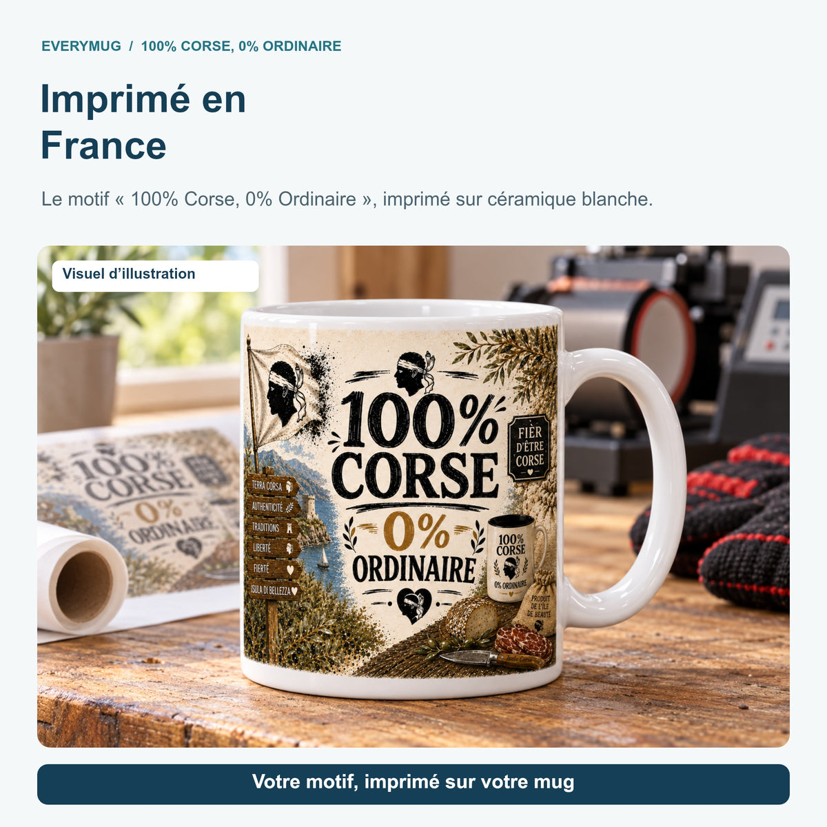 Mug 100% Corse, 0% Ordinaire dans l'atelier d'impression en France, près de la presse à mugs