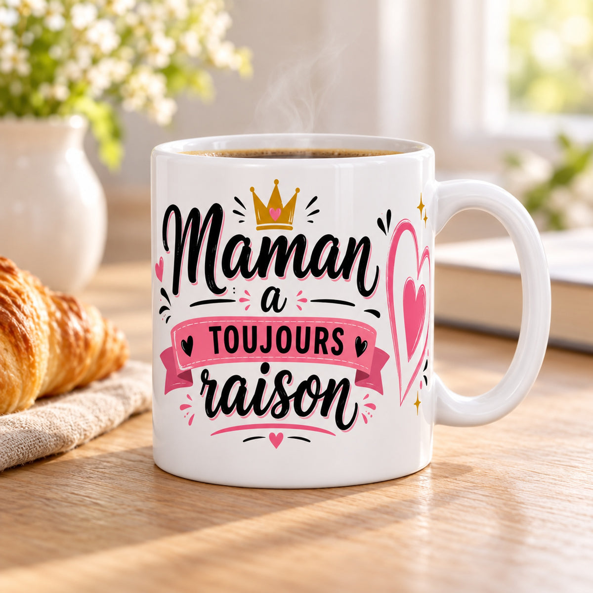 Mug Maman a Toujours Raison « Cadeau Fête des Mères » posé sur une table en bois avec un croissant, pause café