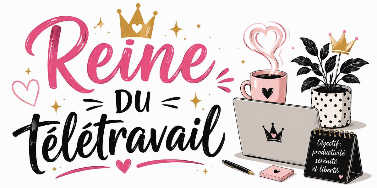 Visuel Reine du télétravail : ordinateur à couronne, tasse rose, plante et carnet Objectif productivité
