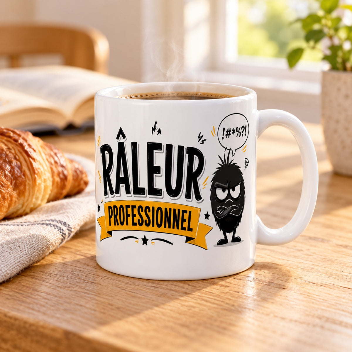 Mug Râleur Professionnel « Humour Mauvaise Foi Assumée » posé sur une table en bois avec un croissant, pause café