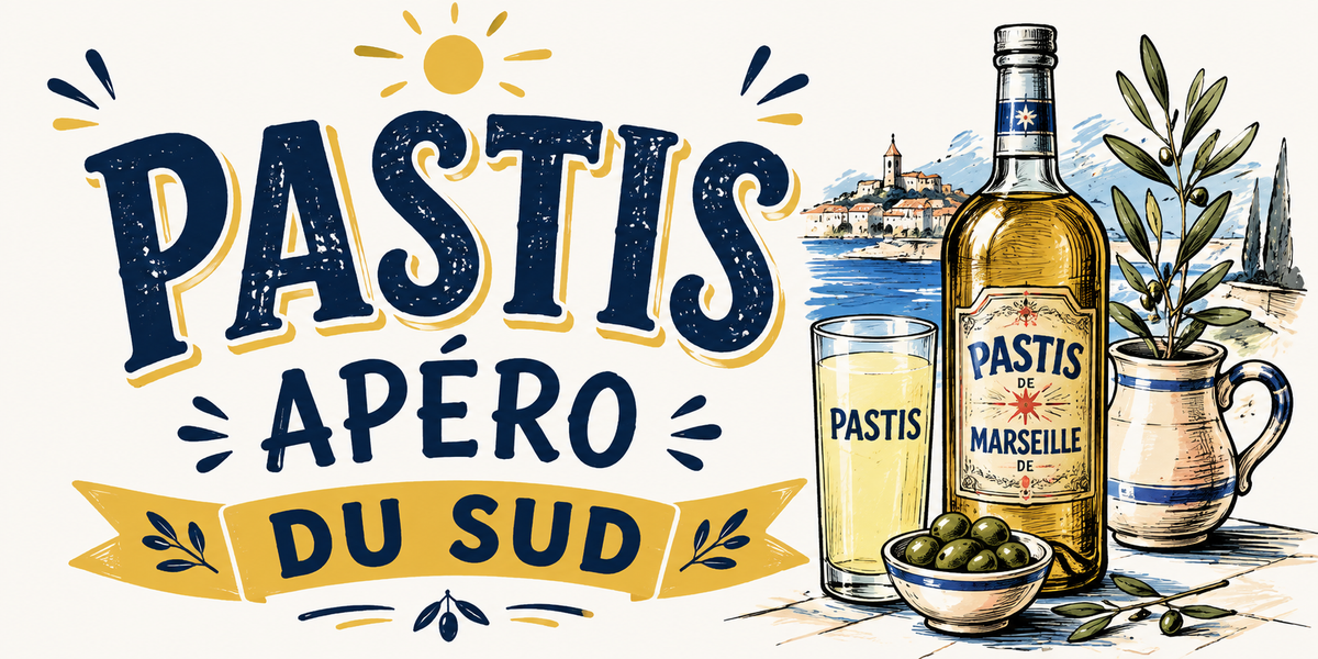 Visuel Pastis apéro du Sud : lettrage bleu et or, bouteille, verre jaune, olives, pichet et port provençal aquarelle