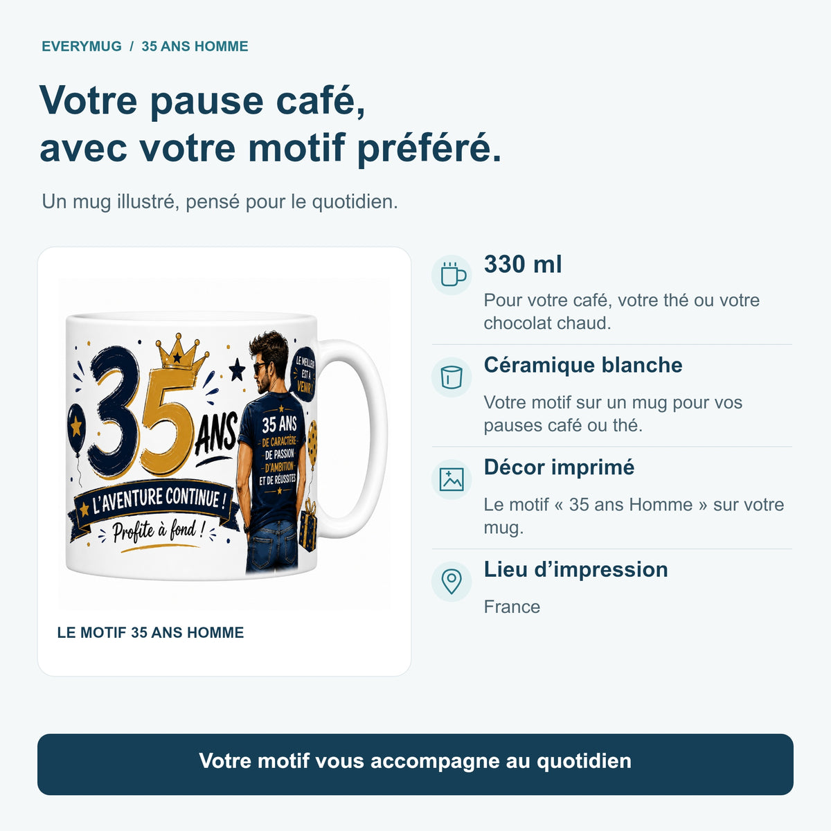Caractéristiques du mug 35 ans Homme : céramique blanche 330 ml, décor imprimé, impression en France