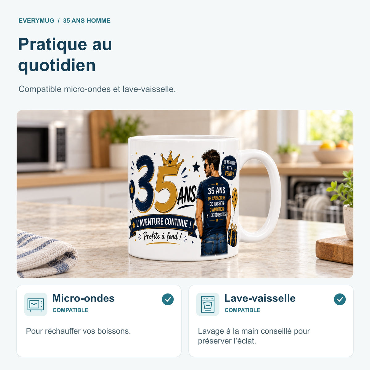 Mug 35 ans Homme compatible micro-ondes et lave-vaisselle, dans une cuisine