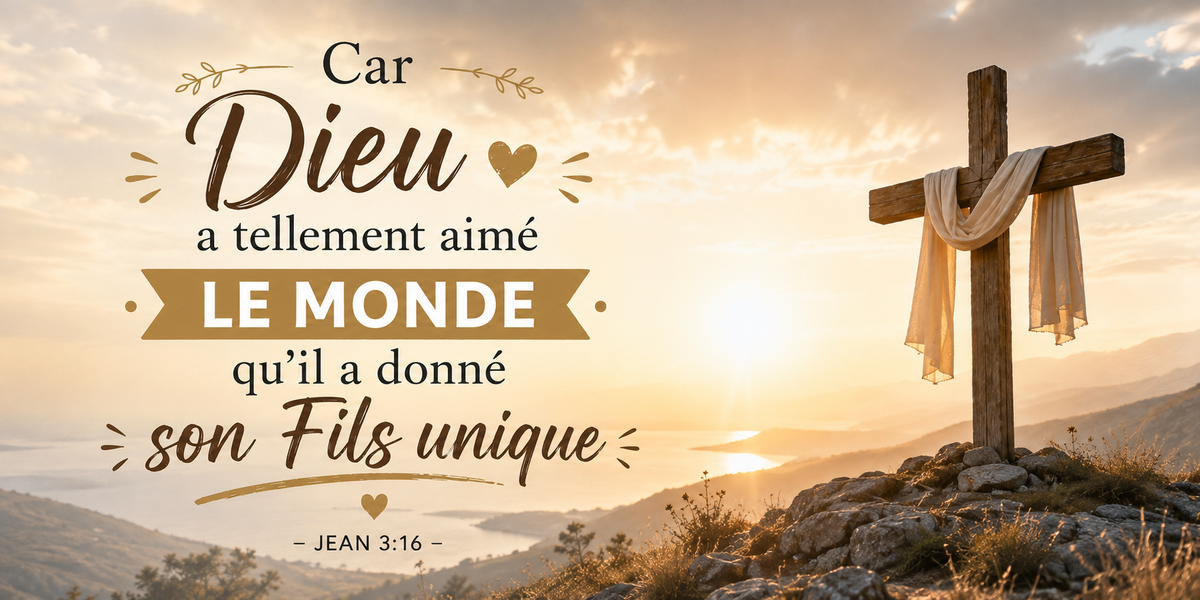 Visuel Jean 3:16 Car Dieu a tellement aimé le monde : croix drapée, colline et aube dorée sur la mer