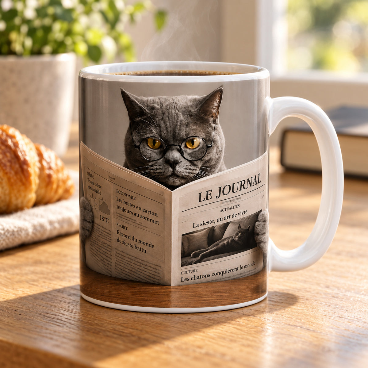 Mug Chat au Journal « Les Boîtes en Carton Toujours au Sommet » posé sur une table en bois avec un croissant, pause café