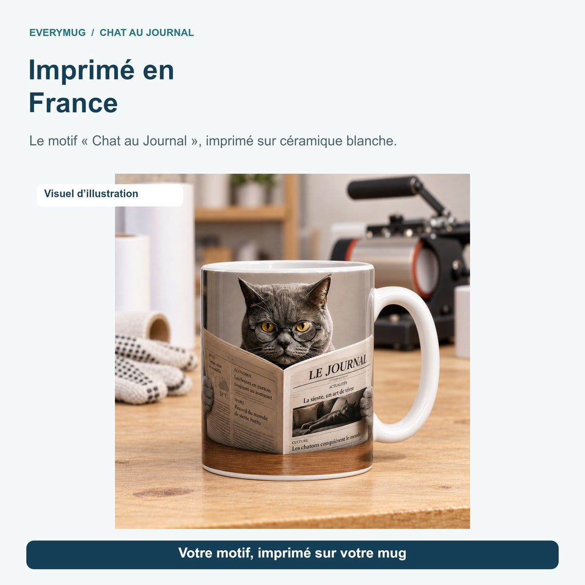Mug Chat au Journal dans l'atelier d'impression en France, près de la presse à mugs