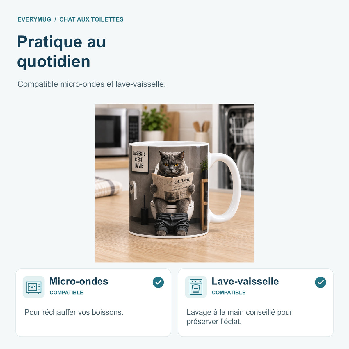 Mug Chat aux Toilettes compatible micro-ondes et lave-vaisselle, dans une cuisine