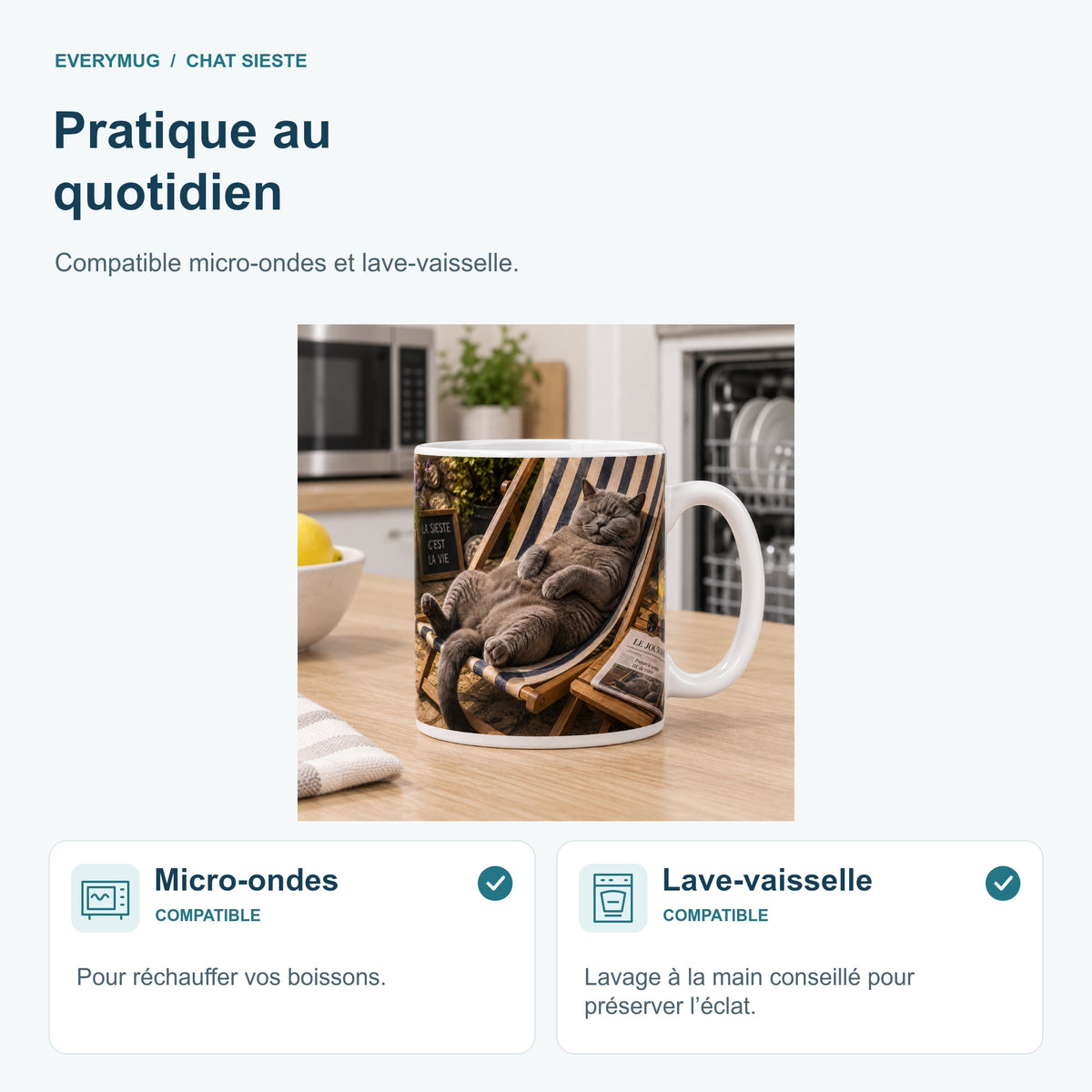 Mug Chat Sieste compatible micro-ondes et lave-vaisselle, dans une cuisine