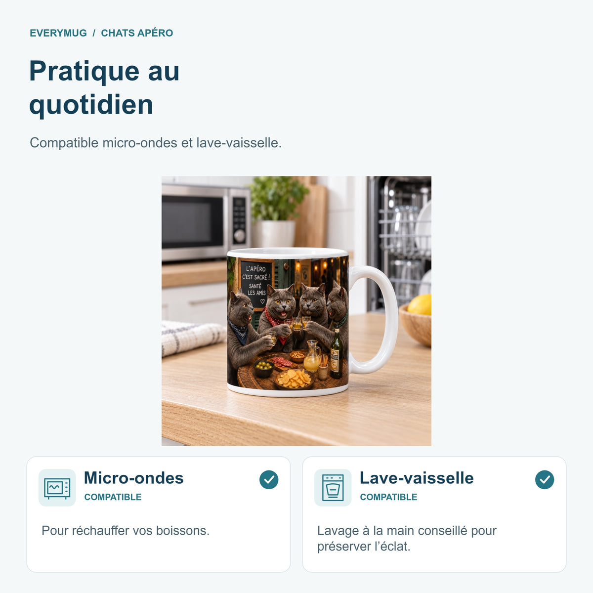 Mug Chats Apéro compatible micro-ondes et lave-vaisselle, dans une cuisine