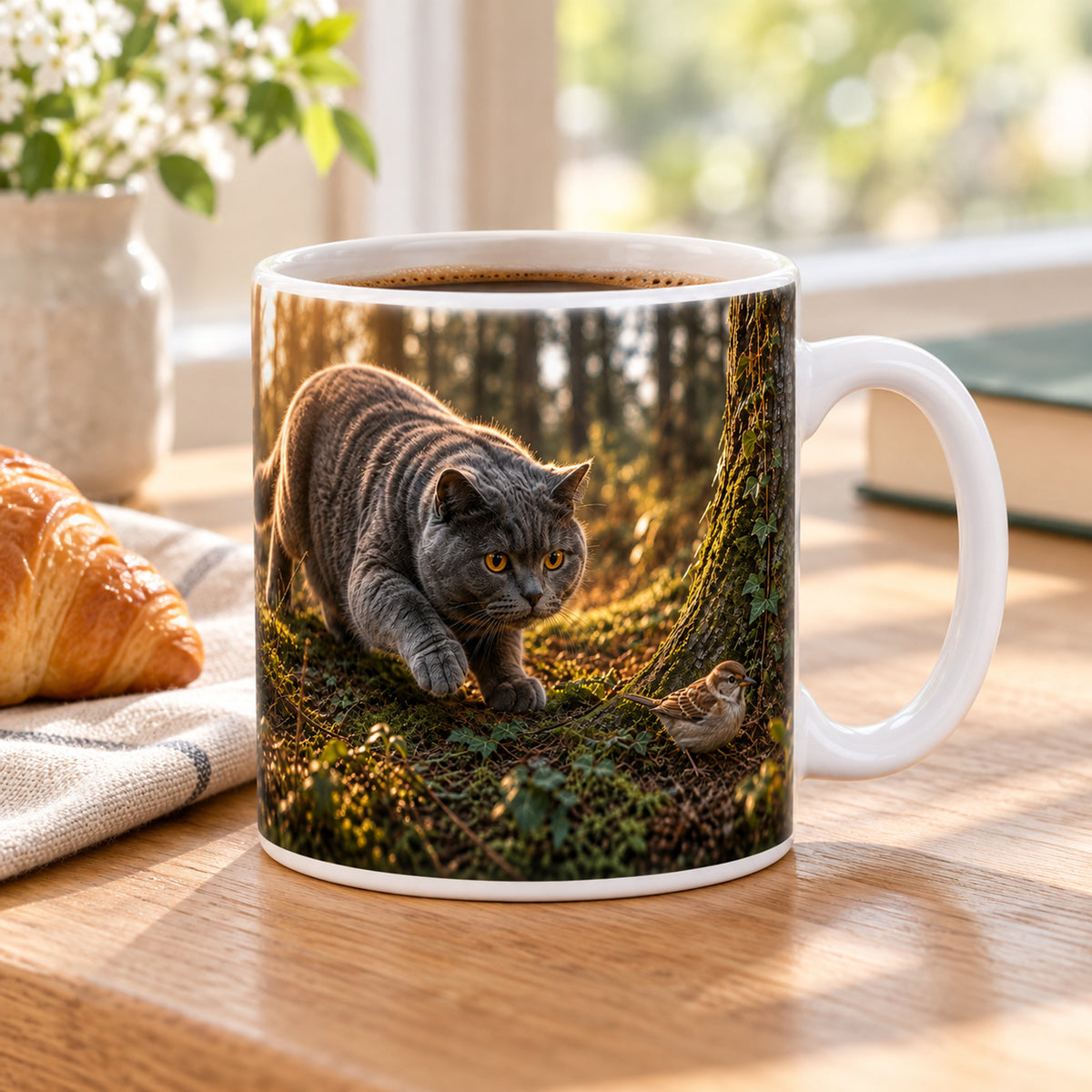 Mug Chat Chasseur « À l'Affût » posé sur une table en bois avec un croissant, pause café