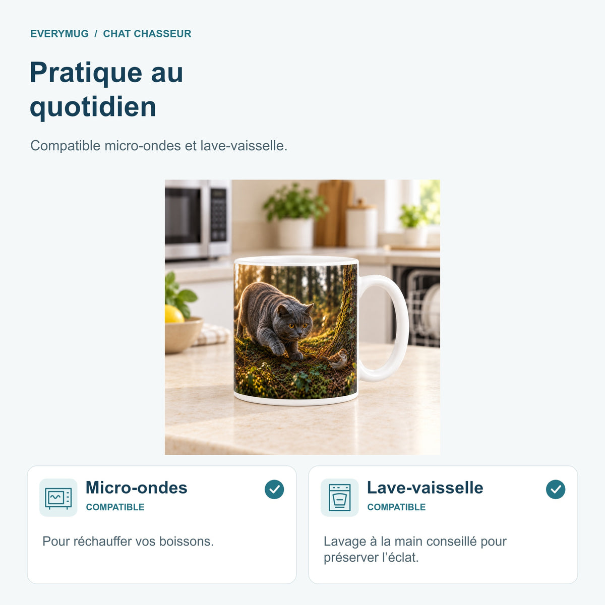 Mug Chat Chasseur compatible micro-ondes et lave-vaisselle, dans une cuisine