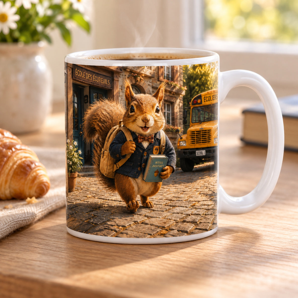 Mug Écureuil Écolier « Apprendre, Grandir, Rêver » posé sur une table en bois avec un croissant, pause café
