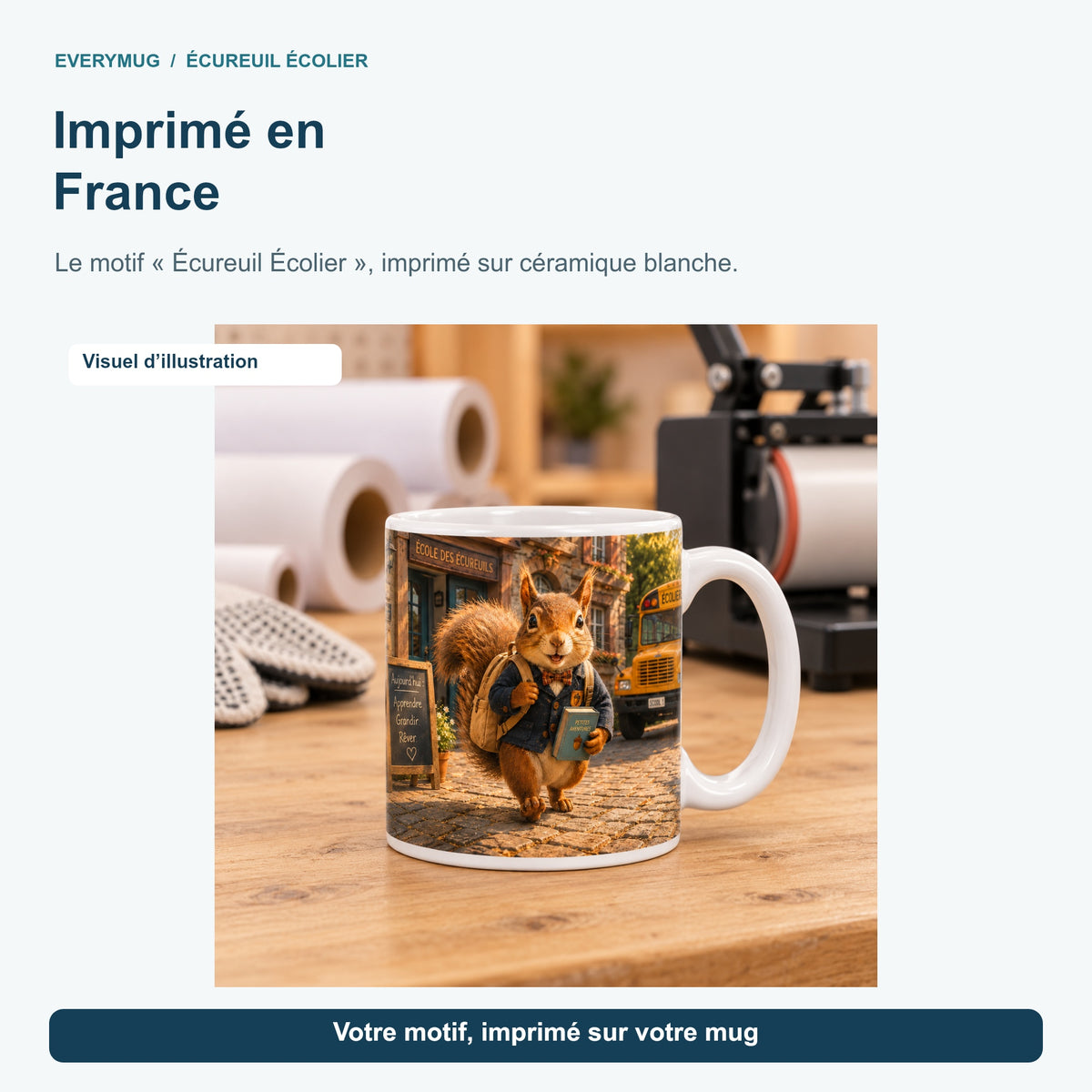 Mug Écureuil Écolier dans l'atelier d'impression en France, près de la presse à mugs