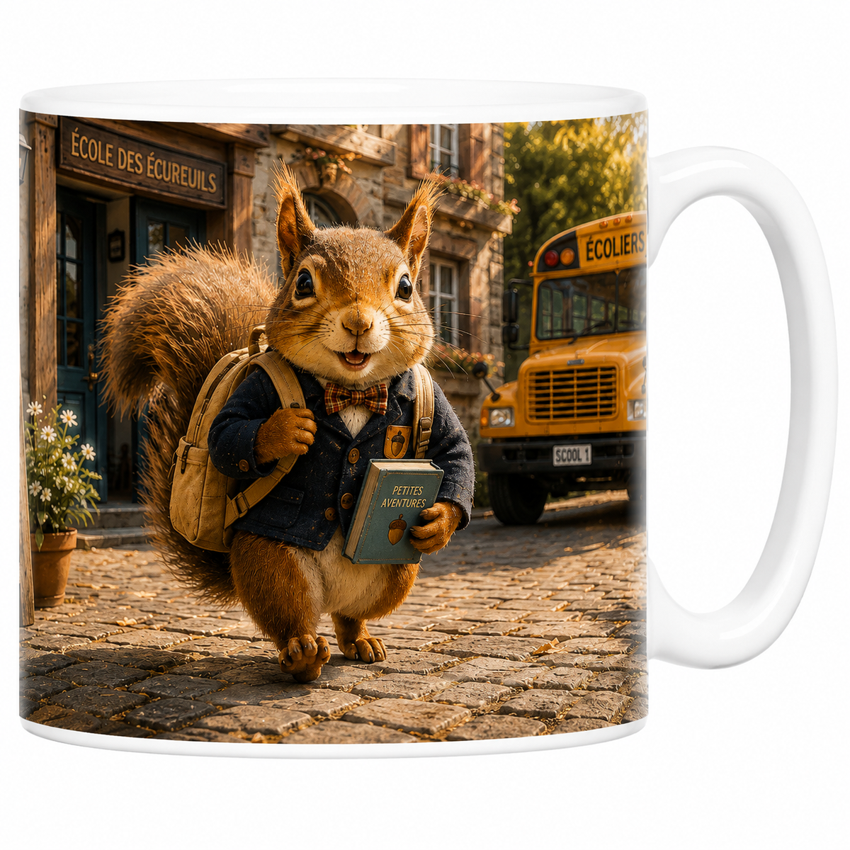 Mug écureuil écolier en céramique blanche, cartable au dos devant le bus École des Écureuils